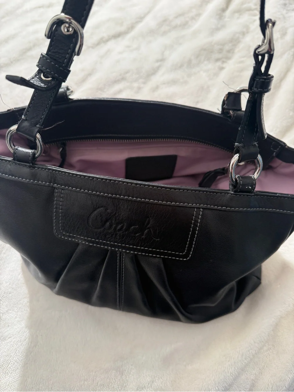Coach Black Pleated Leather Shoulder Bag Vintage Turnlock Side Pockets Lilac TLC